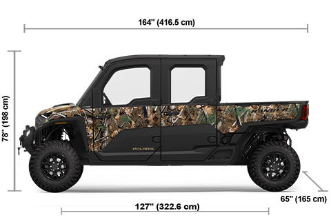 Side view of the Polaris Pursuit Camo 2025 Polaris RANGER CREW XD 1500 NorthStar Edition Ultimate with height, width and length dimensions.
