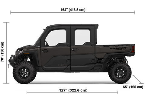 Side view of the Titanium Metallic 2025 Polaris RANGER CREW XD 1500 NorthStar Edition Premium with height, width and length dimensions.
