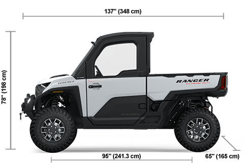 Side view of the Ghost White 2025 Polaris RANGER XD 1500 NorthStar Edition Ultimate with height, width and length dimensions.