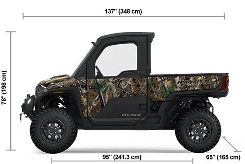 Side view of the Polaris Pursuit Camo 2025 Polaris RANGER XD 1500 NorthStar Edition Ultimate with height, width and length dimensions.