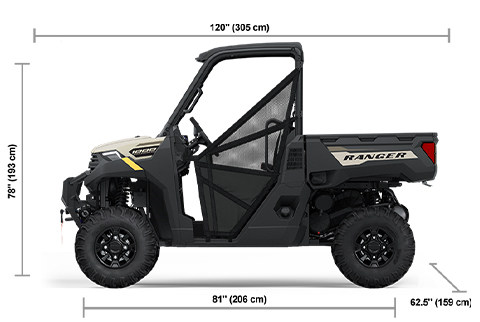 Side view of the Mirage Beige 2025 Polaris RANGER 1000 Premium with height, width and length dimensions.