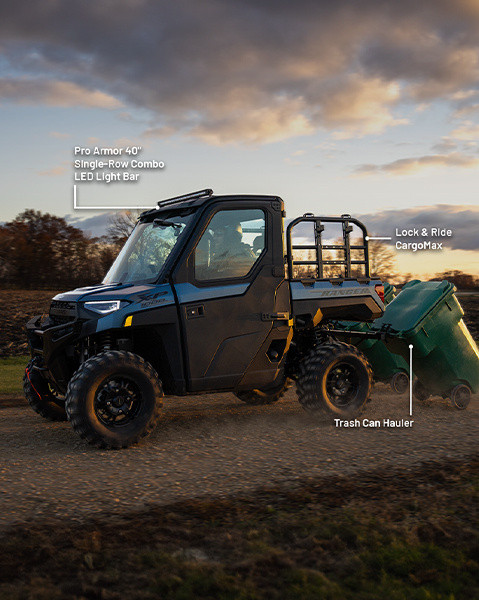 Pro Armor 40-inch single-row combo LED light bar, Lock & Ride CargoMax, and trash can hauler accessories from the Landowner package installed on a 2025 Polaris RANGER XP 1000 NorthStar Edition UTV. 