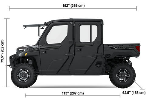 Side view of the Black Crystal 2025 Polaris RANGER CREW XP 1000 NorthStar Texas Edition with height, width and length dimensions.