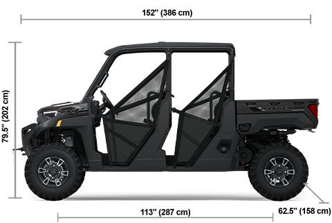 Side view of the Black Crystal 2025 Polaris RANGER CREW XP 1000 Texas Edition with height, width and length dimensions.