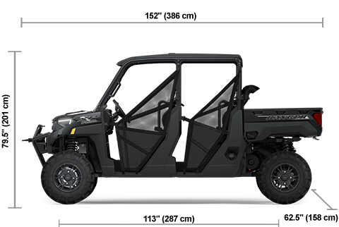 Side view of the Onyx Black 2025 Polaris RANGER XP 1000 Waterfowl Edition with height, width and length dimensions.