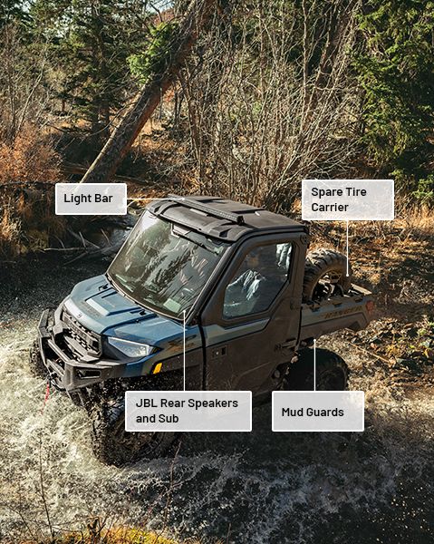 Light bar, spare tire carrier, mud guards and JBL rear speaker and sub accessories from the Trail-Riding Package installed on a 2025 Polaris RANGER XP 1000 NorthStar Edition UTV.