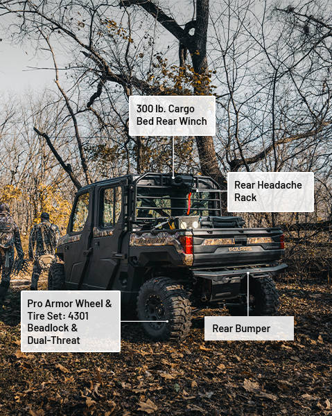 Pro Armor Wheel & Tire Set, 300lb cargo bed rear winch, rear headache rack and rear bumper accessories from the Hunt Package installed on a 2025 Polaris RANGER CREW XP 1000 NorthStar Edition UTV.