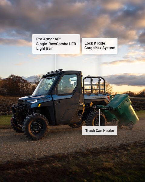 Pro Armor 40-inch single-row combo LED light, Lock & Ride CargoMax System and trash can hauler accessories from the Landowner Package installed on a 2025 Polaris RANGER XP 1000 NorthStar Edition UTV.