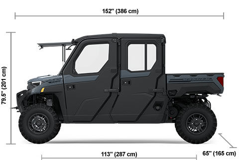 Vue latérale du Polaris RANGER CREW XP 1000 NorthStar Edition Premium 2025 Stealth Gray avec les dimensions de hauteur, de largeur et de longueur.