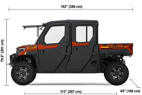 Vue latérale du Polaris RANGER CREW XP 1000 NorthStar Edition Ultimate 2025 Orange Rust avec les dimensions de hauteur, de largeur et de longueur.