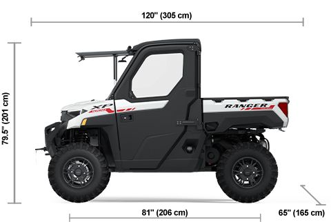 Side view of the White Crystal 2025 Polaris RANGER XP 1000 NorthStar Trail Boss Edition with height, width and length dimensions.