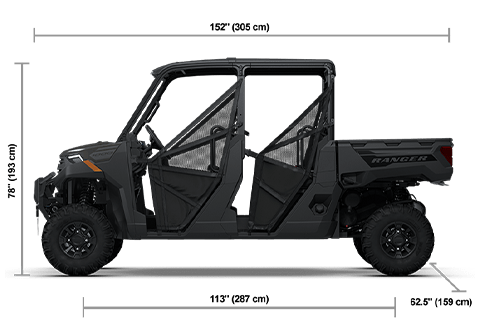 Side view of the Granite Gray 2026 Polaris RANGER CREW 1000 Premium with height, width and length dimensions.