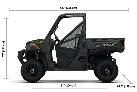 Side view of the Sage Green 2026 Polaris RANGER 1000 EPS with height, width and length dimensions.