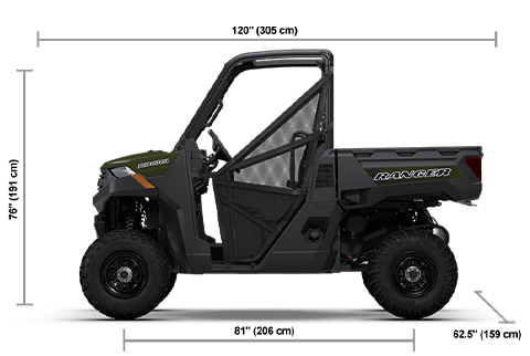 Vista lateral del Polaris RANGER 1000 de 2026 en Sage Green con dimensiones de altura, ancho y longitud.