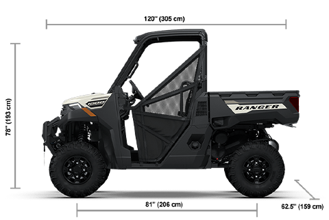 Side view of the Mirage Beige 2026 Polaris RANGER 1000 Premium with height, width and length dimensions.