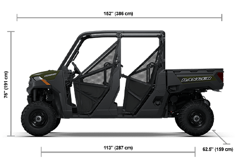 Side view of the Sage Green 2026 Polaris RANGER CREW 1000 with height, width and length dimensions.