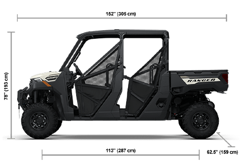 Side view of the Mirage Beige 2026 Polaris RANGER CREW 1000 Premium with height, width and length dimensions.