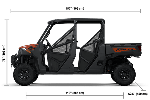 Side view of the Rover Rust 2026 Polaris RANGER CREW 1000 Premium with height, width and length dimensions.