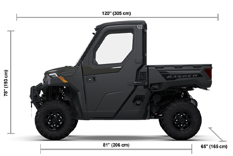 Side view of the Granite Gray 2026 Polaris RANGER 1000 CAB with height, width and length dimensions.