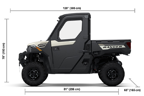 Side view of the Mirage Beige 2026 Polaris RANGER 1000 CAB with height, width and length dimensions.
