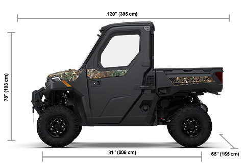 Side view of the Pursuit Camo 2026 Polaris RANGER 1000 CAB with height, width and length dimensions.