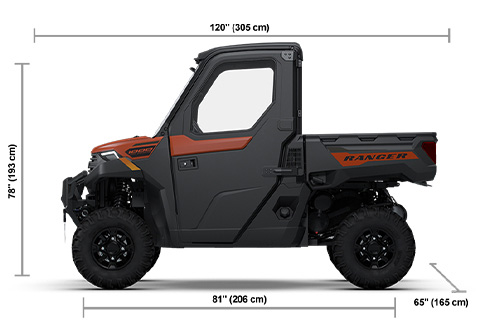 Side view of the Rover Rust 2026 Polaris RANGER 1000 CAB with height, width and length dimensions.