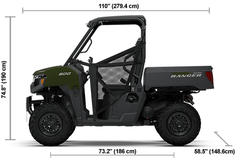 Side view of the Sage Green 2026 Polaris RANGER 500 with height, width and length dimensions.