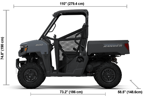 Side view of the Stealth Gray 2026 Polaris RANGER 500 with height, width and length dimensions.