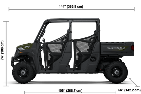 Side view of the Sage Green 2026 Polaris RANGER CREW SP 570 with height, width and length dimensions.