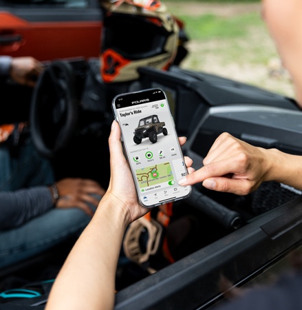 A person using the the RIDE COMMAND+ app for their 2026 Polaris RANGER XD 1500 NorthStar Edition extreme duty UTV.