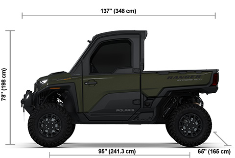 Side view of the Treeline Green Metallic Polaris RANGER XD 1500 NorthStar Mountaineer Edition with height, width and length dimensions.