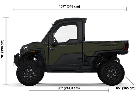 Side view of the Treeline Green Metallic Polaris RANGER XD 1500 NorthStar Edition Premium with height, width and length dimensions.