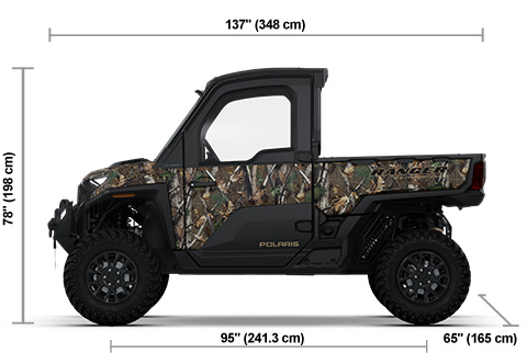 Side view of the Polaris Pursuit Camo 2026 Polaris RANGER CREW XD 1500 NorthStar Edition Ultimate with height, width and length dimensions.