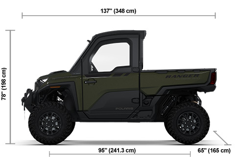 Side view of the Treeline Green Metallic Polaris RANGER XD 1500 NorthStar Edition Ultimate with height, width and length dimensions.