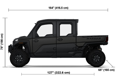 Side view of the Super Graphite Smoke Polaris RANGER CREW XD 1500 NorthStar Edition Premium with height, width and length dimensions.