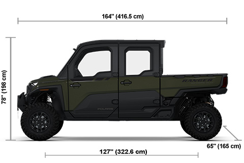 Side view of the Treeline Green Metallic Polaris RANGER CREW XD 1500 NorthStar Edition Premium with height, width and length dimensions.