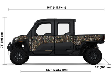 Side view of the Polaris Pursuit Camo 2026 Polaris RANGER CREW XD 1500 NorthStar Edition Ultimate with height, width and length dimensions.
