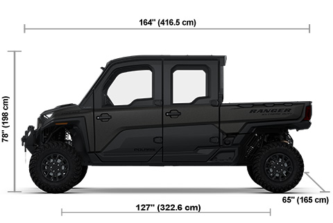 Side view of the Super Graphite Smoke Polaris RANGER CREW XD 1500 NorthStar Edition Ultimate with height, width and length dimensions.