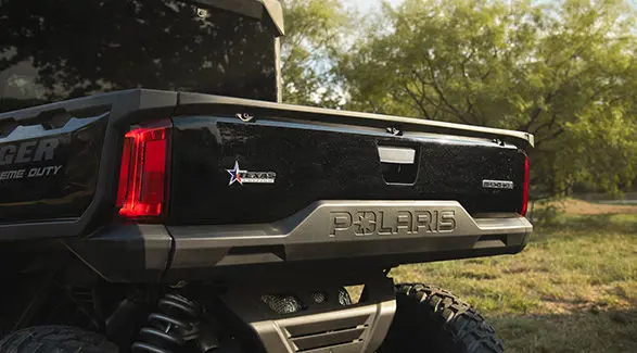 Exclusive Texas badging on the tailgate of a 2026 Polaris RANGER CREW XD 1500 NorthStar Texas Edition extreme duty UTV.