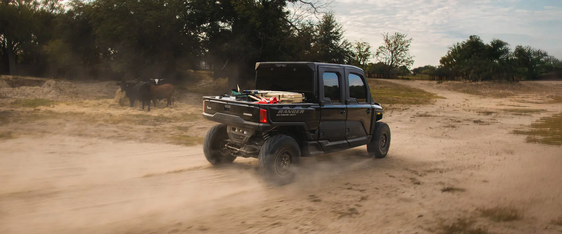 Side profile fo a 2026 Polaris RANGER CREW XD 1500 NorthStar Texas Edition extreme duty UTV driving through a cattle pasture.