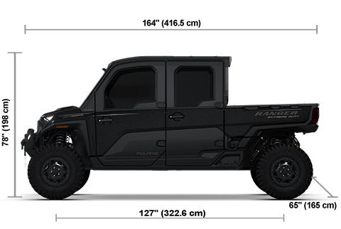 Side view of the Black Crystal Polaris RANGER CREW XD 1500 NorthStar Texas Edition with height, width and length dimensions.