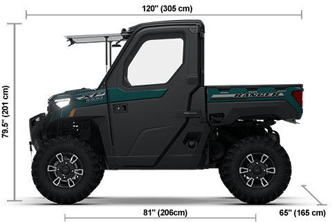 Side view of the Blue Labyrinth 2026 Polaris RANGER XP 1000 NorthStar Edition Premium with height, width and length dimensions.