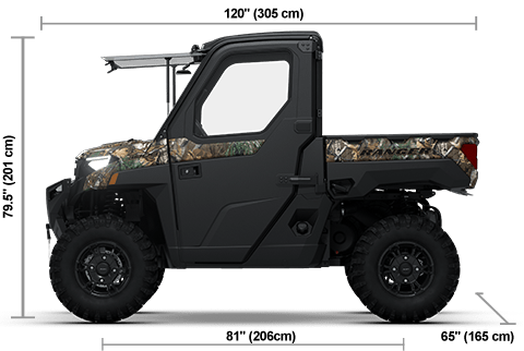 Side view of the Polaris Pursuit Camo 2026 Polaris RANGER XP 1000 NorthStar Edition Premium with height, width and length dimensions.