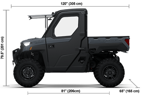 Side view of the Stealth Gray 2026 Polaris RANGER XP 1000 NorthStar Edition Premium with height, width and length dimensions.