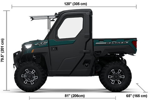 Side view of the Blue Labyrinth 2026 Polaris RANGER XP 1000 NorthStar Edition Ultimate with height, width and length dimensions.