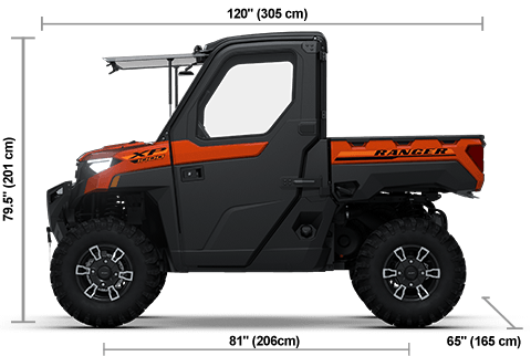 Side view of the Orange Rust 2026 Polaris RANGER XP 1000 NorthStar Edition Ultimate with height, width and length dimensions.