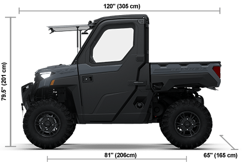 Side view of the Stealth Gray 2026 Polaris RANGER XP 1000 NorthStar Edition Ultimate with height, width and length dimensions.