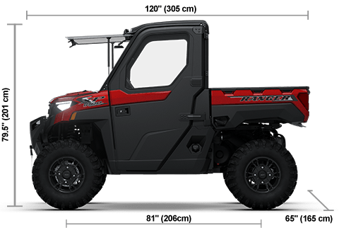 Side view of the Sunset Red 2026 Polaris RANGER XP 1000 NorthStar Edition Ultimate with height, width and length dimensions.