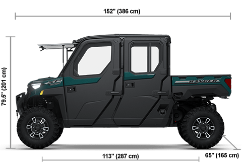 Side view of the Blue Labyrinth 2026 Polaris RANGER CREW XP 1000 NorthStar Edition Premium with height, width and length dimensions.