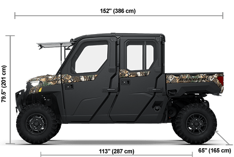 Side view of the Polaris Pursuit Camo 2026 Polaris RANGER CREW XP 1000 NorthStar Edition Premium with height, width and length dimensions.
